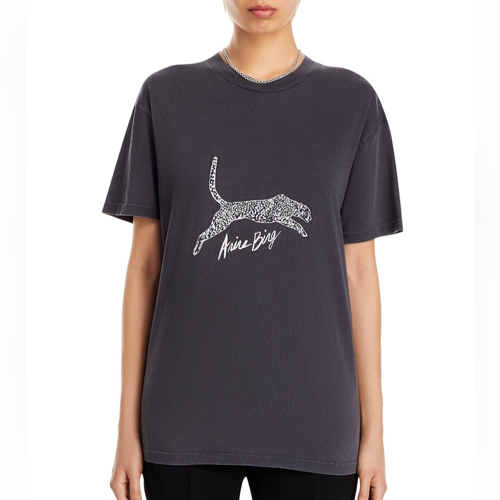 Anine Bing Charcoal Gray Short Sleeve Graphic Tee with White Leopard Motif - Picture 2 of 14